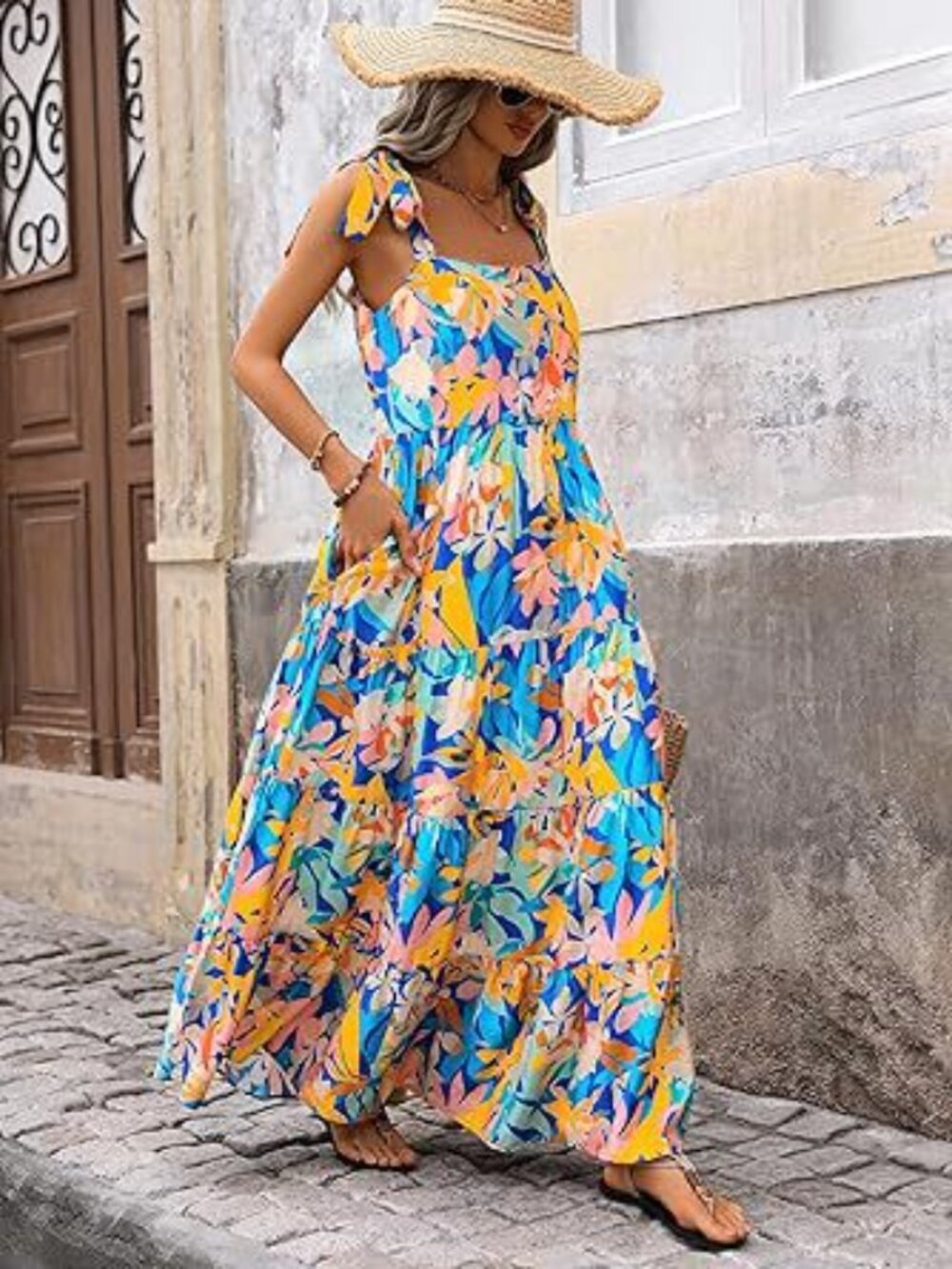 Women's Spaghetti Strap Sleeveless Printed Pocket Side Zipper Tiered Dress